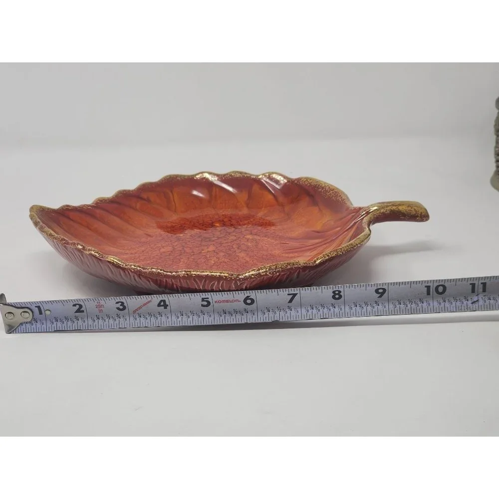 Ceramic‎ Dish Orange Leaf Shaped With Gold Trim Fall Colors - Picture 7 of 9